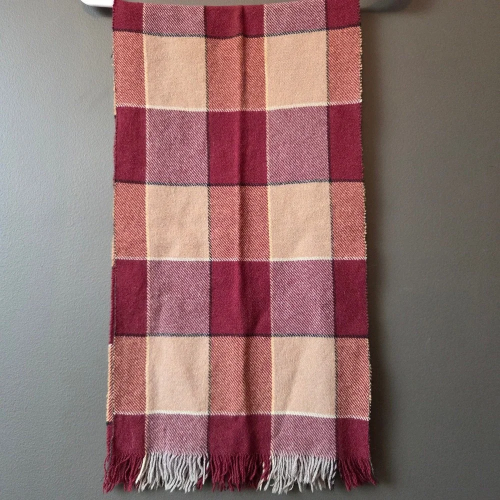 Stroock by Glentowne Plaid Wool‎ Rabbit Hair Scarf Burgundy Tan Fringe
